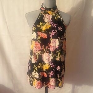 LOVE X DESIGN Black Floral Button Neck Halter, Size: XL